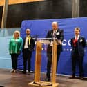 Returning officer Kenneth Lawrie declares that Labour's Euan Stainbank is the new MP for Falkirk. Also on the stage are Rachel Kidd (Greens), Toni Giugliano (SNP), Tim McKay (Lib Dem) and James Bundy (Conservative). Pic: Michael Gillen