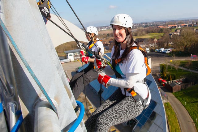 Ready for the drop at the first-ever Strathcarron Hospice abseil at the Falkirk Wheel