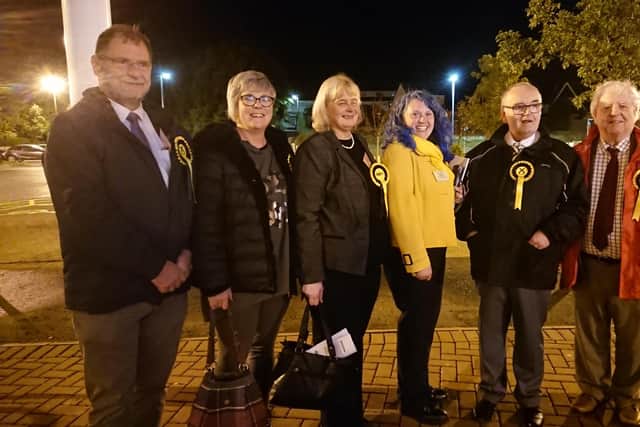 Emma Russell and supporters celebrate the SNP's Falkirk South by-election win