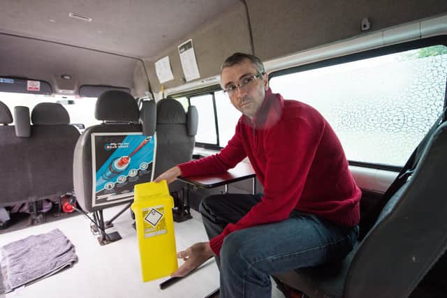 Peter Krykant demonstrates the equipment used in his drug consumption van. Picture: John Devlin.