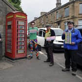 Edinburgh-based artist Richard Duffy with Falkirk Made Friends members beside an old K6 phone box at Ladysmill Bridge, Falkirk which was made in Carron Ironworks. Pictured with the phone box are Bill Paterson, FMF member; John, a fellow FMF member; artist, Richard Duffy; Duncan Comrie, FMF secretary; and Robert Bissett, FMF chairman. Picture: Michael Gillen.