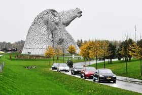 The convoy of 28 electric vehicles from across Europe stopped at The Kelpes en route to Glasgow.  Pic: Michael Gillen.