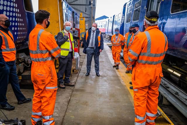 Transport Minister Graeme Dey MSP meets the team working on the Scottish Hydrogen Train project at the Bo’ness and Kinneil Railway.