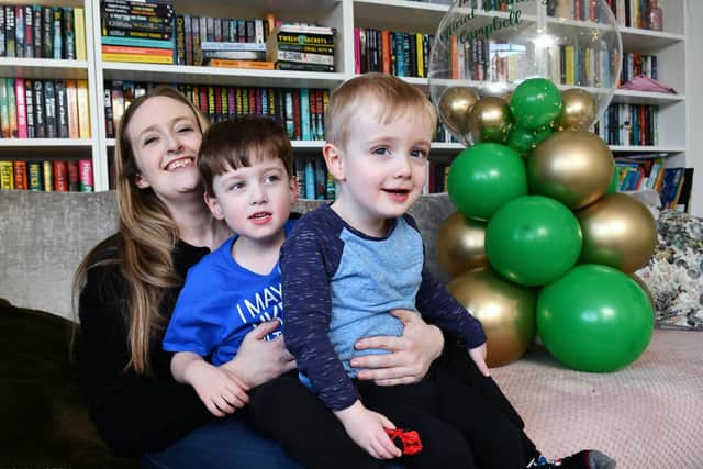 Leap year baby Campbell Huggins celebrates his first - and fourth birthday on February 29. Pictured with mum Kirsty Lamont and little brother Rory, two. Pic: Michael Gillen