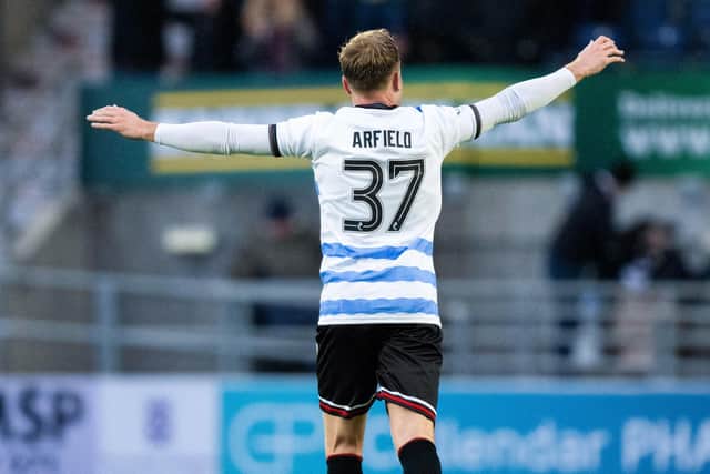 FALKIRK, SCOTLAND - FEBRUARY 08: Falkirk's Scott Arfield celebrates after scoring to make it 4-2 from the penalty spot during a William Hill Championship match between Falkirk and Partick Thistle at The Falkirk Stadium, on February 08, 2025, in Falkirk, Scotland. (Photo by Paul Byars / SNS Group)