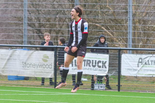 Dunipace star Sam Colley celebrates his second goal against St Andrews United last Saturday afternoon (Photo: Scott Louden)