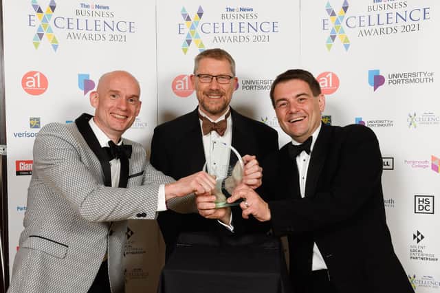 The News Business Excellence Awards 2021. Pictured is: Craig Gordon and Michael Frisbee of Vuzion UK. with Mark Waldron. Picture: Keith Woodland (080721-63)