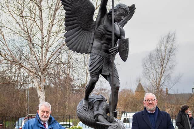 Councillor Tom Conn and sculptor Alan Herriot after the unveiling of the sculpture. Photo by John Buckley.
