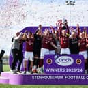 Champions Stenhousemuir were presented with the League Two trophy after Saturday's 1-1 draw with Bonnyrigg Rose at Ochilview (Photo: Michael Gillen)