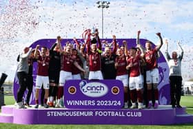 Champions Stenhousemuir were presented with the League Two trophy after Saturday's 1-1 draw with Bonnyrigg Rose at Ochilview (Photo: Michael Gillen)