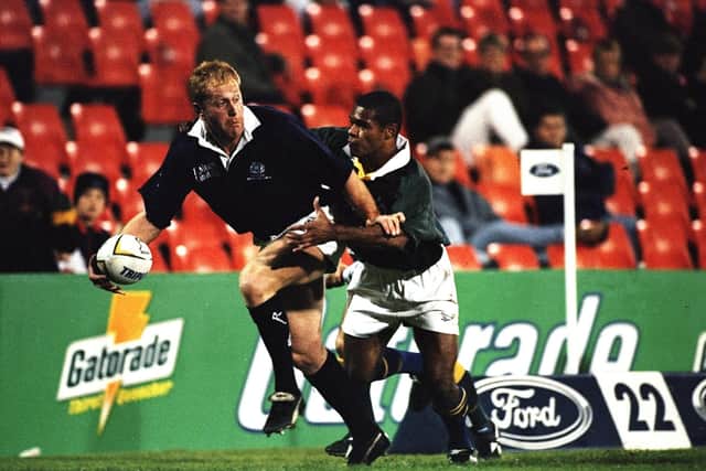 Who is this Scotland player whose surname is the name as a Scottish town, pictured back in 1998 during a Scotland Summer Tour outing against Australia Barbarians? (Photo: Jamie McDonald/Allsport via Getty Images)