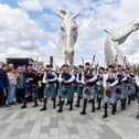 Wallacestone and District Pipe Band, Camelon and District Pipe Band and Falkirk Schools Pipe Band play at Kelpies 10. Pic: Mark Ferguson