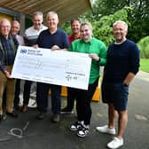 Larbert and Falkirk 41 Club cheque presentation to Maggie's Forth Valley. Pictured: George Brown; Jim Snedden; Phil Lauder; past chairman, Billy Dougall; Steve Barton; Carrigan Kerr, Maggie's Forth Valley fundraising organiser, and Les Montgomery.