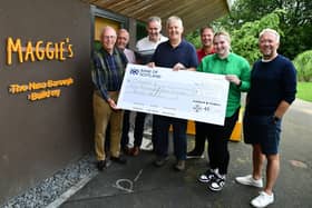 Larbert and Falkirk 41 Club cheque presentation to Maggie's Forth Valley. Pictured: George Brown; Jim Snedden; Phil Lauder; past chairman, Billy Dougall; Steve Barton; Carrigan Kerr, Maggie's Forth Valley fundraising organiser, and Les Montgomery.