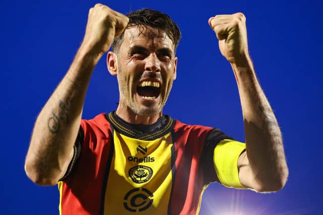 Brian Graham celebrating after Partick Thistle’s 2-0 premiership play-off quarter-final second-legwin away to Ayr United at Somerset Park in May (Photo by Ross MacDonald/SNS Group)