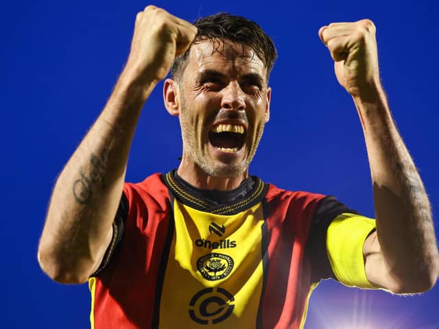 Brian Graham celebrating after Partick Thistle’s 2-0 premiership play-off quarter-final second-legwin away to Ayr United at Somerset Park in May (Photo by Ross MacDonald/SNS Group)