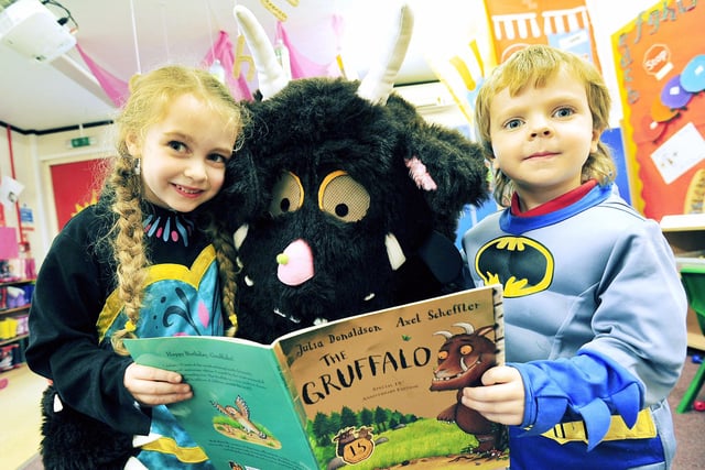 Neve Johnston and Noah Wilson met The Gruffalo at Glenbervie Kindergarten on World Book Day in 2015.  (Picture: Alan Murray)
