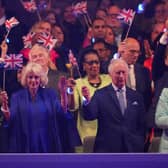 Prince William, Prince of Wales, Queen Camilla and King Charles III in the Royal Box at the Coronation Concert in the grounds of Windsor Castle. Photo by Yui Mok (WPA Pool/Getty Images)