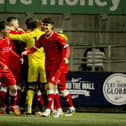 Strollers' players celebrate going 2-1 up with three minutes to go