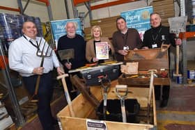Robert Fotheringham, BMD acting service manager, George Nichol, of the Rotary Club of Grangemouth, Cecil Meiklejohn, Falkirk Council leader, and Brian Dick and Jim MacDonald, BMD assistant buildings operations co-ordinators the hand tool donations from employees