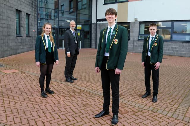 St Mungo's High School. Annual pic of prizewinners, Senior Dux, Senior proxime accessits, Junior Dux, and Junior proxime accessits. Pictured: Alicia Thom 15 joint, Junior Dux; Stephen Phee, headteacher; Charlie Meikle 17 joint, Senior Dux and Reece Scott 16 joint, Junior proxime accessit. Not pictured Owen McElroy joint, Senior Dux.