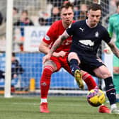 Gary Oliver on the ball for Falkirk during their 5-0 home win against Peterhead in March (Pic: Michael Gillen)