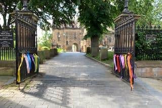 The entrance to Falkirk Trinity Church has been brightened up by messages of hope on ribbons.