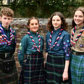The four youngsters from 1st Falkirk Scouts going to World Jamboree in South Korea are, left to right, Cairn Marshall, 13, Holly McEwan, 13, Ruby Hepburn, 13,  and Millie Law 15. Pic: Michael Gillen