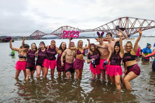 A group from Grangemouth gym Girlcode Box were among those taking a dip on New Year's Day.  Pic: Lisa Ferguson.