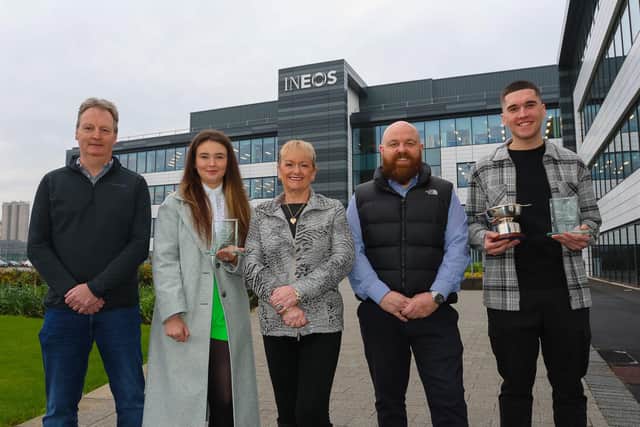 Ineos modern apprentices Amy Geurts and Adam Crowe receive their awards from Ineos Grangemouth chairman Andrew Gardner and Jane Hall and son Chris Hall