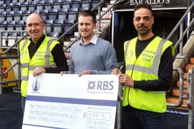 Partnership between Falkirk Football Club and The Rotary Club of Falkirk. Pictured: David Wheeler, President elect Rotary Club of Falkirk; Jamie Swinney, CEO Falkirk Football Club and Rabie El-Matari, newest member of Rotary Club of Falkirk.