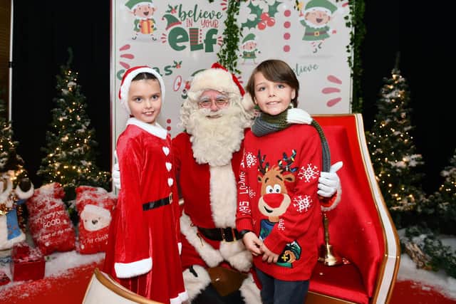 Emma McAleaney, 7, and Harry McAleaney, 9, meet Santa Claus.