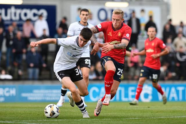 Ayr United's Dylan Watret, who was on loan at East Stirlingshire last season, battles with Falkirk's Calvin Miller (Photo: Michael Gillen)