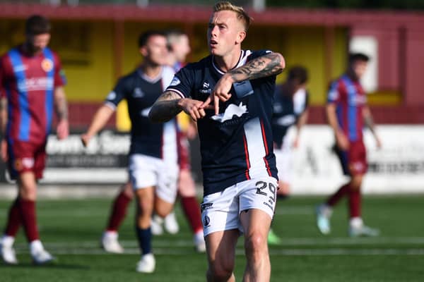 Calvin Miller celebrates his free-kick equaliser against Stenhousemuir (Pic by Michael Gillen)