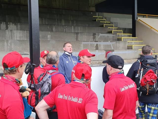 Former Scotland rugby star Doddie Weir met with those taking part in the Scottish Borders to Edinburgh walk for his foundation as they set off from Melrose Rugby Club. Contributed.