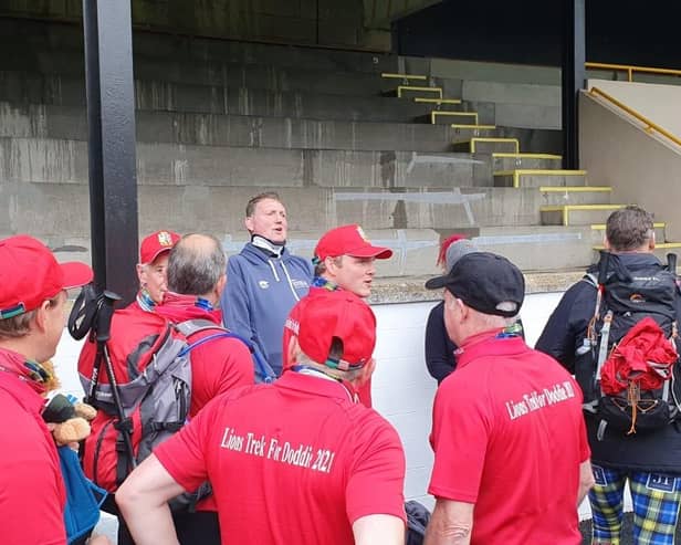Former Scotland rugby star Doddie Weir met with those taking part in the Scottish Borders to Edinburgh walk for his foundation as they set off from Melrose Rugby Club. Contributed.