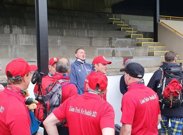Former Scotland rugby star Doddie Weir met with those taking part in the Scottish Borders to Edinburgh walk for his foundation as they set off from Melrose Rugby Club. Contributed.
