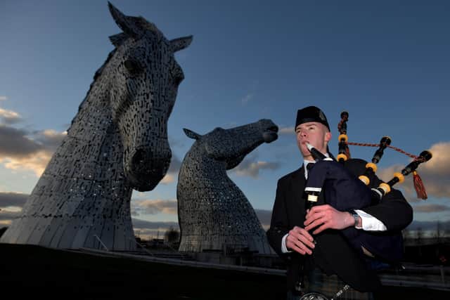 Robbie MacIsaac has been playing the bagpipes for a number of years now and during the pandemic took part in Pipe Up for Key Workers, playing Scotland the Brave at The Kelpies.  (Pic: Michael Gillen)