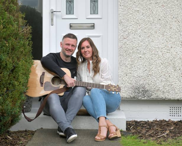 Singer Liam McGrandles and wife Fiona held a front garden Facebook Live gig at their Denny home in support of two food banks. Picture: Michael Gillen.