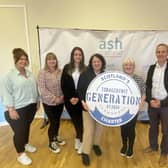 From left, Kelly McLernon, Debbie Fraser, Sofia Kulezich, all children and family workers with Transform Forth Valley; Sheila Duffy, chief executive of ASH Scotland; Diane Cairns, service manager Transform Forth Valley; Michael Matheson MSP and Gillian Mackay MSP highlighting Scotland’s Charter for a Tobacco Free Generation by 2034.