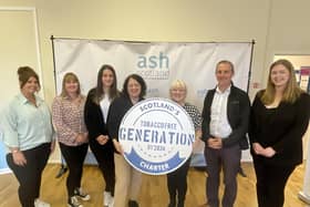 From left, Kelly McLernon, Debbie Fraser, Sofia Kulezich, all children and family workers with Transform Forth Valley; Sheila Duffy, chief executive of ASH Scotland; Diane Cairns, service manager Transform Forth Valley; Michael Matheson MSP and Gillian Mackay MSP highlighting Scotland’s Charter for a Tobacco Free Generation by 2034.