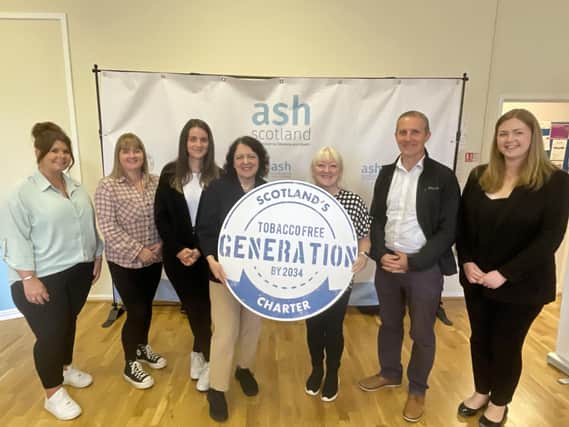 From left, Kelly McLernon, Debbie Fraser, Sofia Kulezich, all children and family workers with Transform Forth Valley; Sheila Duffy, chief executive of ASH Scotland; Diane Cairns, service manager Transform Forth Valley; Michael Matheson MSP and Gillian Mackay MSP highlighting Scotland’s Charter for a Tobacco Free Generation by 2034.