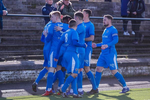 Athletic players celebrate the early shock lead against the Lowland League outfit (Pictures: Scott Louden)