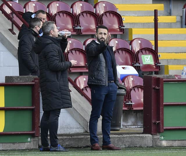 Stenhousemuir manager Stephen Swift (right) during this first match in charge of the club (Pic: Dave Johnston)