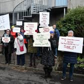 Residents from Bo'ness held a peaceful protest before the start of today's council meeting to discuss the proposal to close the town's recreation centre. Pic: Michael Gillen