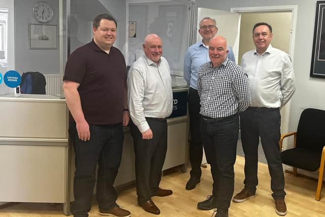 Left to right: Liam McKell, Graeme Laird, Mark Northway, Kevin Gilmour from Ian MacFarlaine and Shaun Knight CEO of BK Plus. Pic: Contributed
