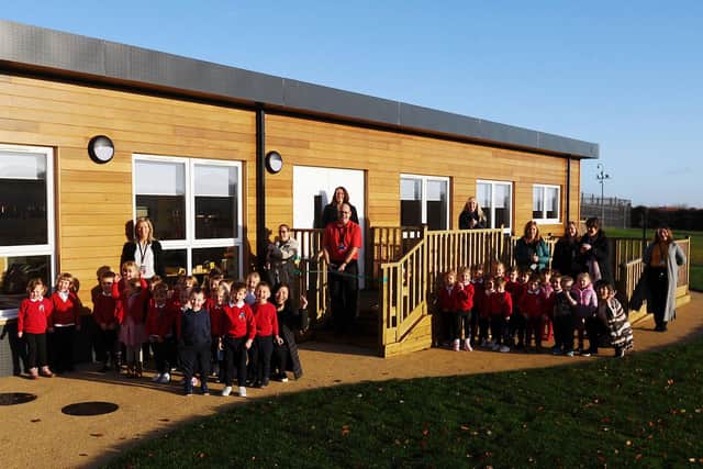 Shieldhill Primary School's new Early Learning and Childcare Class building was opened by janitor, Jim Wilson, who is retiring in December. Picture: Michael Gillen.
