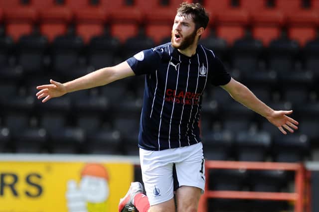 Aidan Keena celebrating scoring Falkirk's second goal against Airdrie last month (Photo: Michael Gillen)