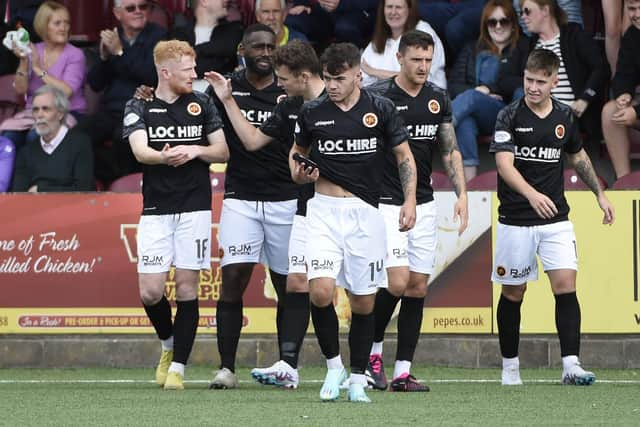 Euan O'Reilly celebrates his goal against St Johnstone for Stenhousemuir (Photo: Alan Murray)