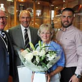 Alex Totten with, from left, Falkirk Chairman Gary Deans, Alex's wife Jessie Totten and son Bruce Totten (Pics by Michael Gillen)
